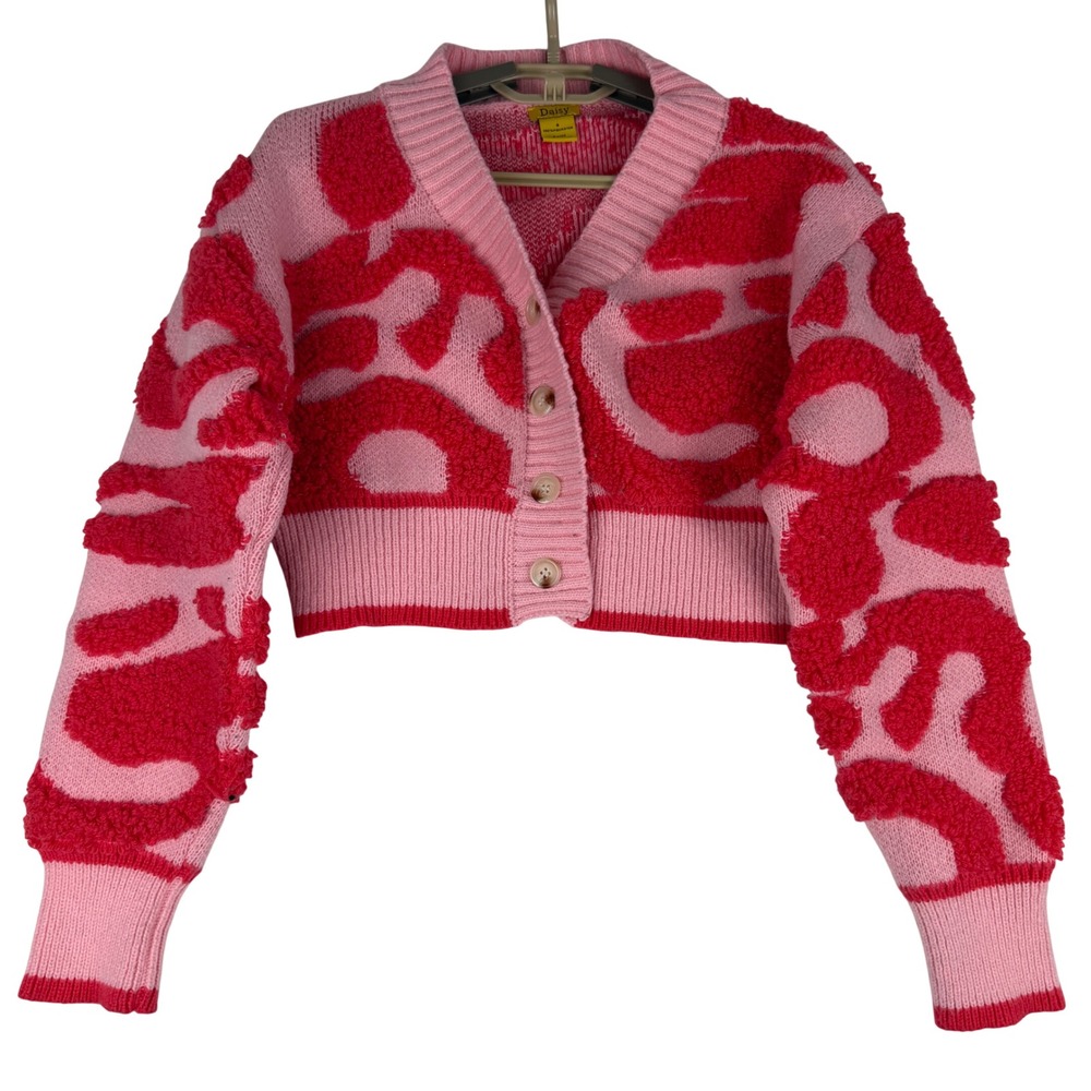 Daisy Cardigan Sweater Womens S Pink Red Abstract Textured Popcorn Knit Cropped